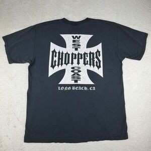 VTG West Coast Choppers Shirt Mens XL Black Long Beach Faded Cross Biker Y2K